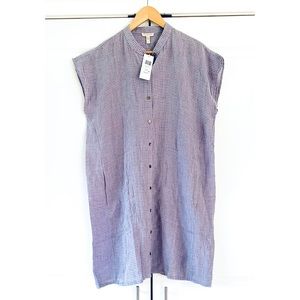 Eileen Fisher Organic Linen Shift Dress Band Collar Purple Gingham Size L Petite